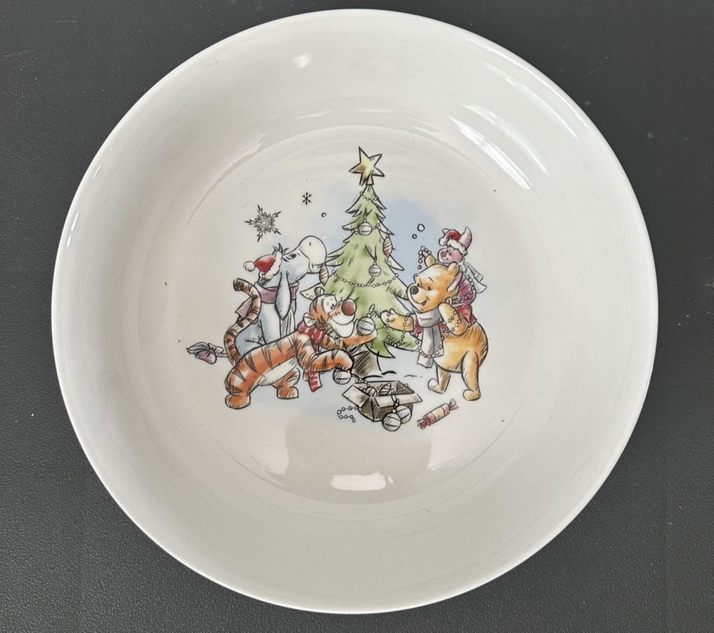 Disney Winnie the Pooh Christmas Bowl Plate 8.25" Porcelain Holiday Kids Gift